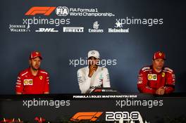 The post race FIA Press Conference (L to R): Sebastian Vettel (GER) Ferrari, second; Lewis Hamilton (GBR) Mercedes AMG F1, race winner; Kimi Raikkonen (FIN) Ferrari, third. 29.07.2018. Formula 1 World Championship, Rd 12, Hungarian Grand Prix, Budapest, Hungary, Race Day.