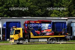 The Red Bull Racing RB14 of race retiree Max Verstappen (NLD) is recovered back to the pits on the back of a truck. 29.07.2018. Formula 1 World Championship, Rd 12, Hungarian Grand Prix, Budapest, Hungary, Race Day.