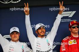 Qualifying top three in parc ferme (L to R): Valtteri Bottas (FIN) Mercedes AMG F1, second; Lewis Hamilton (GBR) Mercedes AMG F1, pole position; Kimi Raikkonen (FIN) Ferrari, third. 28.07.2018. Formula 1 World Championship, Rd 12, Hungarian Grand Prix, Budapest, Hungary, Qualifying Day.