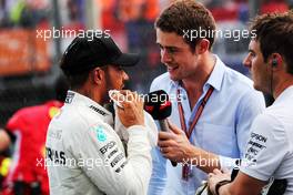 Pole sitter Lewis Hamilton (GBR) Mercedes AMG F1 with Paul di Resta (GBR) Sky Sports F1 Presenter in qualifying parc ferme. 28.07.2018. Formula 1 World Championship, Rd 12, Hungarian Grand Prix, Budapest, Hungary, Qualifying Day.