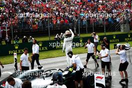Lewis Hamilton (GBR) Mercedes AMG F1 W09 celebrates his pole position in qualifying parc ferme. 28.07.2018. Formula 1 World Championship, Rd 12, Hungarian Grand Prix, Budapest, Hungary, Qualifying Day.