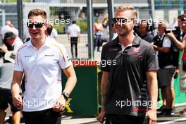 (L to R): Stoffel Vandoorne (BEL) McLaren and Kevin Magnussen (DEN) Haas F1 Team on the drivers parade. 29.07.2018. Formula 1 World Championship, Rd 12, Hungarian Grand Prix, Budapest, Hungary, Race Day.
