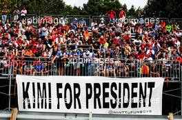 Fans in the grandstand and a banner for Kimi Raikkonen (FIN) Ferrari. 31.08.2018. Formula 1 World Championship, Rd 14, Italian Grand Prix, Monza, Italy, Practice Day.