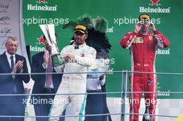 Race winner Lewis Hamilton (GBR) Mercedes AMG F1 celebrates on the podium. 02.09.2018. Formula 1 World Championship, Rd 14, Italian Grand Prix, Monza, Italy, Race Day.