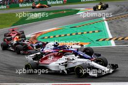 Charles Leclerc (MON) Sauber F1 Team C37 and Pierre Gasly (FRA) Scuderia Toro Rosso STR13. 02.09.2018. Formula 1 World Championship, Rd 14, Italian Grand Prix, Monza, Italy, Race Day.