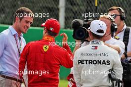 (L to R): Paul di Resta (GBR) Sky Sports F1 Presenter with Sebastian Vettel (GER) Ferrari and Lewis Hamilton (GBR) Mercedes AMG F1 in qualifying parc ferme. 01.09.2018. Formula 1 World Championship, Rd 14, Italian Grand Prix, Monza, Italy, Qualifying Day.