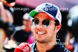 Sergio Perez (MEX) Racing Point Force India F1 Team with the media. 30.08.2018. Formula 1 World Championship, Rd 14, Italian Grand Prix, Monza, Italy, Preparation Day.