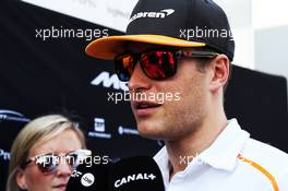 Stoffel Vandoorne (BEL) McLaren with the media. 30.08.2018. Formula 1 World Championship, Rd 14, Italian Grand Prix, Monza, Italy, Preparation Day.