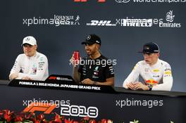 The post race FIA Press Conference (L to R): Valtteri Bottas (FIN) Mercedes AMG F1, second; Lewis Hamilton (GBR) Mercedes AMG F1, race winner; Max Verstappen (NLD) Red Bull Racing, third. 07.10.2018. Formula 1 World Championship, Rd 17, Japanese Grand Prix, Suzuka, Japan, Race Day.