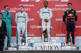 1st place Lewis Hamilton (GBR) Mercedes AMG F1 W09, 2nd Valtteri Bottas (FIN) Mercedes AMG F1 and 3rd Max Verstappen (NLD) Red Bull Racing RB14. 07.10.2018. Formula 1 World Championship, Rd 17, Japanese Grand Prix, Suzuka, Japan, Race Day.