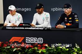 Qualifying top three in the FIA Press Conference (L to R): Valtteri Bottas (FIN) Mercedes AMG F1, second; Lewis Hamilton (GBR) Mercedes AMG F1, pole position; Max Verstappen (NLD) Red Bull Racing, third. 06.10.2018. Formula 1 World Championship, Rd 17, Japanese Grand Prix, Suzuka, Japan, Qualifying Day.