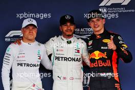 Qualifying top three in parc ferme (L to R): Valtteri Bottas (FIN) Mercedes AMG F1, second; Lewis Hamilton (GBR) Mercedes AMG F1, pole position; Max Verstappen (NLD) Red Bull Racing, third. 06.10.2018. Formula 1 World Championship, Rd 17, Japanese Grand Prix, Suzuka, Japan, Qualifying Day.