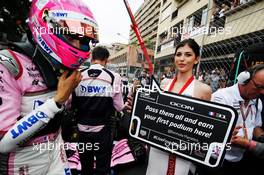 Esteban Ocon (FRA) Sahara Force India F1 Team on the grid with a Tag Heuer Messenger. 27.05.2018. Formula 1 World Championship, Rd 6, Monaco Grand Prix, Monte Carlo, Monaco, Race Day.