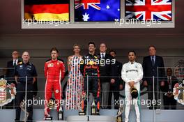 The podium (L to R): Adrian Newey (GBR) Red Bull Racing Chief Technical Officer; Sebastian Vettel (GER) Ferrari, second; Daniel Ricciardo (AUS) Red Bull Racing, race winner; Lewis Hamilton (GBR) Mercedes AMG F1, third. 27.05.2018. Formula 1 World Championship, Rd 6, Monaco Grand Prix, Monte Carlo, Monaco, Race Day.