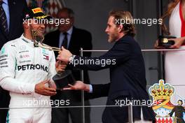 Lewis Hamilton (GBR) Mercedes AMG F1 celebrates his third position on the podium. 27.05.2018. Formula 1 World Championship, Rd 6, Monaco Grand Prix, Monte Carlo, Monaco, Race Day.
