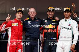 The podium (L to R): Sebastian Vettel (GER) Ferrari, second; Adrian Newey (GBR) Red Bull Racing Chief Technical Officer; Daniel Ricciardo (AUS) Red Bull Racing, race winner; Lewis Hamilton (GBR) Mercedes AMG F1, third. 27.05.2018. Formula 1 World Championship, Rd 6, Monaco Grand Prix, Monte Carlo, Monaco, Race Day.