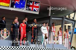 The podium (L to R): Adrian Newey (GBR) Red Bull Racing Chief Technical Officer; Sebastian Vettel (GER) Ferrari, second; Daniel Ricciardo (AUS) Red Bull Racing, race winner; Lewis Hamilton (GBR) Mercedes AMG F1, third. 27.05.2018. Formula 1 World Championship, Rd 6, Monaco Grand Prix, Monte Carlo, Monaco, Race Day.