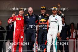 The podium (L to R): Sebastian Vettel (GER) Ferrari, second; Adrian Newey (GBR) Red Bull Racing Chief Technical Officer; Daniel Ricciardo (AUS) Red Bull Racing, race winner; Lewis Hamilton (GBR) Mercedes AMG F1, third. 27.05.2018. Formula 1 World Championship, Rd 6, Monaco Grand Prix, Monte Carlo, Monaco, Race Day.
