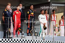 The podium (L to R): Adrian Newey (GBR) Red Bull Racing Chief Technical Officer; Sebastian Vettel (GER) Ferrari, second; Daniel Ricciardo (AUS) Red Bull Racing, race winner; Lewis Hamilton (GBR) Mercedes AMG F1, third. 27.05.2018. Formula 1 World Championship, Rd 6, Monaco Grand Prix, Monte Carlo, Monaco, Race Day.
