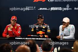 (L to R): Sebastian Vettel (GER) Ferrari; Daniel Ricciardo (AUS) Red Bull Racing; Lewis Hamilton (GBR) Mercedes AMG F1, in the post race FIA Press Conference. 27.05.2018. Formula 1 World Championship, Rd 6, Monaco Grand Prix, Monte Carlo, Monaco, Race Day.