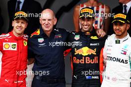 The podium (L to R): Sebastian Vettel (GER) Ferrari, second; Adrian Newey (GBR) Red Bull Racing Chief Technical Officer; Daniel Ricciardo (AUS) Red Bull Racing, race winner; Lewis Hamilton (GBR) Mercedes AMG F1, third. 27.05.2018. Formula 1 World Championship, Rd 6, Monaco Grand Prix, Monte Carlo, Monaco, Race Day.