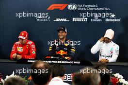 The post qualifying FIA Press Conference (L to R): Sebastian Vettel (GER) Ferrari; Daniel Ricciardo (AUS) Red Bull Racing; Lewis Hamilton (GBR) Mercedes AMG F1. 26.05.2018. Formula 1 World Championship, Rd 6, Monaco Grand Prix, Monte Carlo, Monaco, Qualifying Day.