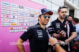 Sergio Perez (MEX) Sahara Force India F1 with the media. 23.05.2018. Formula 1 World Championship, Rd 6, Monaco Grand Prix, Monte Carlo, Monaco, Preparation Day.