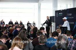 Lewis Hamilton (GBR) Mercedes AMG F1 with the media. 22.02.2018. Mercedes AMG F1 W09 Launch, Silverstone, England.