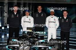 The Mercedes AMG F1 W09 with (L to R): James Allison (GBR) Mercedes AMG F1 Technical Director; Valtteri Bottas (FIN) Mercedes AMG F1; Toto Wolff (GER) Mercedes AMG F1 Shareholder and Executive Director; Lewis Hamilton (GBR) Mercedes AMG F1; and Andy Cowell (GBR) Mercedes-Benz High Performance Powertrains Managing Director. 22.02.2018. Mercedes AMG F1 W09 Launch, Silverstone, England.