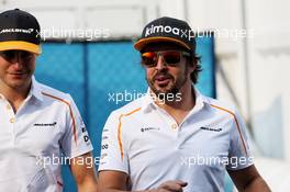 (L to R): Stoffel Vandoorne (BEL) McLaren with team mate Fernando Alonso (ESP) McLaren. 26.10.2018. Formula 1 World Championship, Rd 19, Mexican Grand Prix, Mexico City, Mexico, Practice Day.
