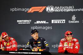 The post race FIA Press Conference (L to R): Sebastian Vettel (GER) Ferrari, second; Max Verstappen (NLD) Red Bull Racing, race winner; Kimi Raikkonen (FIN) Ferrari, third. 28.10.2018. Formula 1 World Championship, Rd 19, Mexican Grand Prix, Mexico City, Mexico, Race Day.