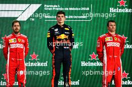 The podium (L to R): Sebastian Vettel (GER) Ferrari, second; Max Verstappen (NLD) Red Bull Racing, race winner; Kimi Raikkonen (FIN) Ferrari, third. 28.10.2018. Formula 1 World Championship, Rd 19, Mexican Grand Prix, Mexico City, Mexico, Race Day.