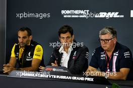 The FIA Press Conference (L to R): Cyril Abiteboul (FRA) Renault Sport F1 Managing Director; Toto Wolff (GER) Mercedes AMG F1 Shareholder and Executive Director; Otmar Szafnauer (USA) Racing Point Force India F1 Team Principal and CEO. 28.09.2018. Formula 1 World Championship, Rd 16, Russian Grand Prix, Sochi Autodrom, Sochi, Russia, Practice Day.