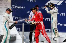 The podium (L to R): Valtteri Bottas (FIN) Mercedes AMG F1 with Sebastian Vettel (GER) Ferrari and race winner Lewis Hamilton (GBR) Mercedes AMG F1. 30.09.2018. Formula 1 World Championship, Rd 16, Russian Grand Prix, Sochi Autodrom, Sochi, Russia, Race Day.