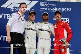 The podium (L to R): James Allison (GBR) Mercedes AMG F1 Technical Director; Valtteri Bottas (FIN) Mercedes AMG F1, second; Lewis Hamilton (GBR) Mercedes AMG F1, race winner; Sebastian Vettel (GER) Ferrari, third. 30.09.2018. Formula 1 World Championship, Rd 16, Russian Grand Prix, Sochi Autodrom, Sochi, Russia, Race Day.