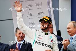 Race winner Lewis Hamilton (GBR) Mercedes AMG F1 celebrates on the podium. 30.09.2018. Formula 1 World Championship, Rd 16, Russian Grand Prix, Sochi Autodrom, Sochi, Russia, Race Day.