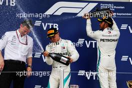The podium (L to R): James Allison (GBR) Mercedes AMG F1 Technical Director with second placed Valtteri Bottas (FIN) Mercedes AMG F1 and race winner Lewis Hamilton (GBR) Mercedes AMG F1. 30.09.2018. Formula 1 World Championship, Rd 16, Russian Grand Prix, Sochi Autodrom, Sochi, Russia, Race Day.