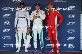 pole for Valtteri Bottas (FIN) Mercedes AMG F1, 2nd for Lewis Hamilton (GBR) Mercedes AMG F1 W09 and 3rd for Sebastian Vettel (GER) Ferrari SF71H. 29.09.2018. Formula 1 World Championship, Rd 16, Russian Grand Prix, Sochi Autodrom, Sochi, Russia, Qualifying Day.