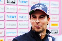 Sergio Perez (MEX) Racing Point Force India F1 Team with the media. 27.09.2018. Formula 1 World Championship, Rd 16, Russian Grand Prix, Sochi Autodrom, Sochi, Russia, Preparation Day.