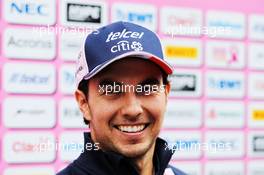 Sergio Perez (MEX) Racing Point Force India F1 Team with the media. 27.09.2018. Formula 1 World Championship, Rd 16, Russian Grand Prix, Sochi Autodrom, Sochi, Russia, Preparation Day.