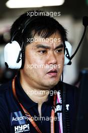 Jun Matsuzaki (JPN) Racing Point Force India F1 Team Senior Tyre Engineer. 14.09.2018. Formula 1 World Championship, Rd 15, Singapore Grand Prix, Marina Bay Street Circuit, Singapore, Practice Day.