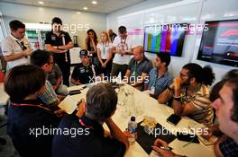 Sergio Perez (MEX) Racing Point Force India F1 Team with the media. 13.09.2018. Formula 1 World Championship, Rd 15, Singapore Grand Prix, Marina Bay Street Circuit, Singapore, Preparation Day.