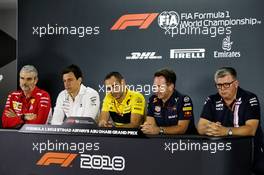 The FIA Press Conference (L to R): Maurizio Arrivabene (ITA) Ferrari Team Principal; Toto Wolff (GER) Mercedes AMG F1 Shareholder and Executive Director; Cyril Abiteboul (FRA) Renault Sport F1 Managing Director; Christian Horner (GBR) Red Bull Racing Team Principal; and Otmar Szafnauer (USA) Racing Point Force India F1 Team Principal and CEO. 23.11.2018. Formula 1 World Championship, Rd 21, Abu Dhabi Grand Prix, Yas Marina Circuit, Abu Dhabi, Practice Day.