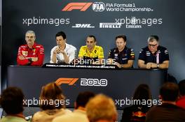 The FIA Press Conference (L to R): Maurizio Arrivabene (ITA) Ferrari Team Principal; Toto Wolff (GER) Mercedes AMG F1 Shareholder and Executive Director; Cyril Abiteboul (FRA) Renault Sport F1 Managing Director; Christian Horner (GBR) Red Bull Racing Team Principal; and Otmar Szafnauer (USA) Racing Point Force India F1 Team Principal and CEO. 23.11.2018. Formula 1 World Championship, Rd 21, Abu Dhabi Grand Prix, Yas Marina Circuit, Abu Dhabi, Practice Day.