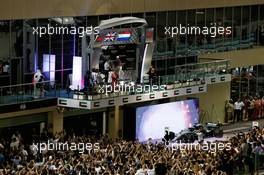 The podium (L to R): Sebastian Vettel (GER) Ferrari, second; Lewis Hamilton (GBR) Mercedes AMG F1, race winner; Max Verstappen (NLD) Red Bull Racing, third. 25.11.2018. Formula 1 World Championship, Rd 21, Abu Dhabi Grand Prix, Yas Marina Circuit, Abu Dhabi, Race Day.