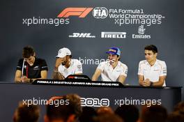 The FIA Press Conference (L to R): George Russell (GBR) Art Grand Prix F2 Driver / Mercedes AMG F1 Reserve Driver / Williams; Lewis Hamilton (GBR) Mercedes AMG F1; Fernando Alonso (ESP) McLaren; Lando Norris (GBR) McLaren Test Driver. 22.11.2018. Formula 1 World Championship, Rd 21, Abu Dhabi Grand Prix, Yas Marina Circuit, Abu Dhabi, Preparation Day.