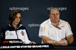(L to R): Claire Williams (GBR) Williams Deputy Team Principal and Zak Brown (USA) McLaren Executive Director in the FIA Press Conference. 19.10.2018. Formula 1 World Championship, Rd 18, United States Grand Prix, Austin, Texas, USA, Practice Day.