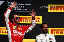 The podium (L to R): Race winner Kimi Raikkonen (FIN) Ferrari with third placed Lewis Hamilton (GBR) Mercedes AMG F1. 21.10.2018. Formula 1 World Championship, Rd 18, United States Grand Prix, Austin, Texas, USA, Race Day.