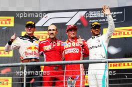 The podium (L to R): Max Verstappen (NLD) Red Bull Racing, second; Carlo Santi, Ferrari Race Engineer; Kimi Raikkonen (FIN) Ferrari, race winner; Lewis Hamilton (GBR) Mercedes AMG F1, third. 21.10.2018. Formula 1 World Championship, Rd 18, United States Grand Prix, Austin, Texas, USA, Race Day.