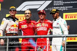 The podium (L to R): Max Verstappen (NLD) Red Bull Racing, second; Carlo Santi, Ferrari Race Engineer; Kimi Raikkonen (FIN) Ferrari, race winner; Lewis Hamilton (GBR) Mercedes AMG F1, third. 21.10.2018. Formula 1 World Championship, Rd 18, United States Grand Prix, Austin, Texas, USA, Race Day.